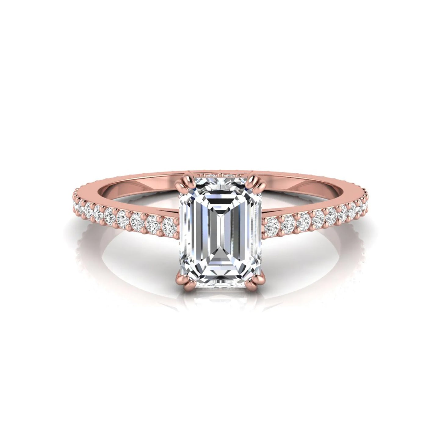 Emerald cut lab grown diamond engagement ring with hidden halo, pavé band, and four-prong setting in rose gold tone design