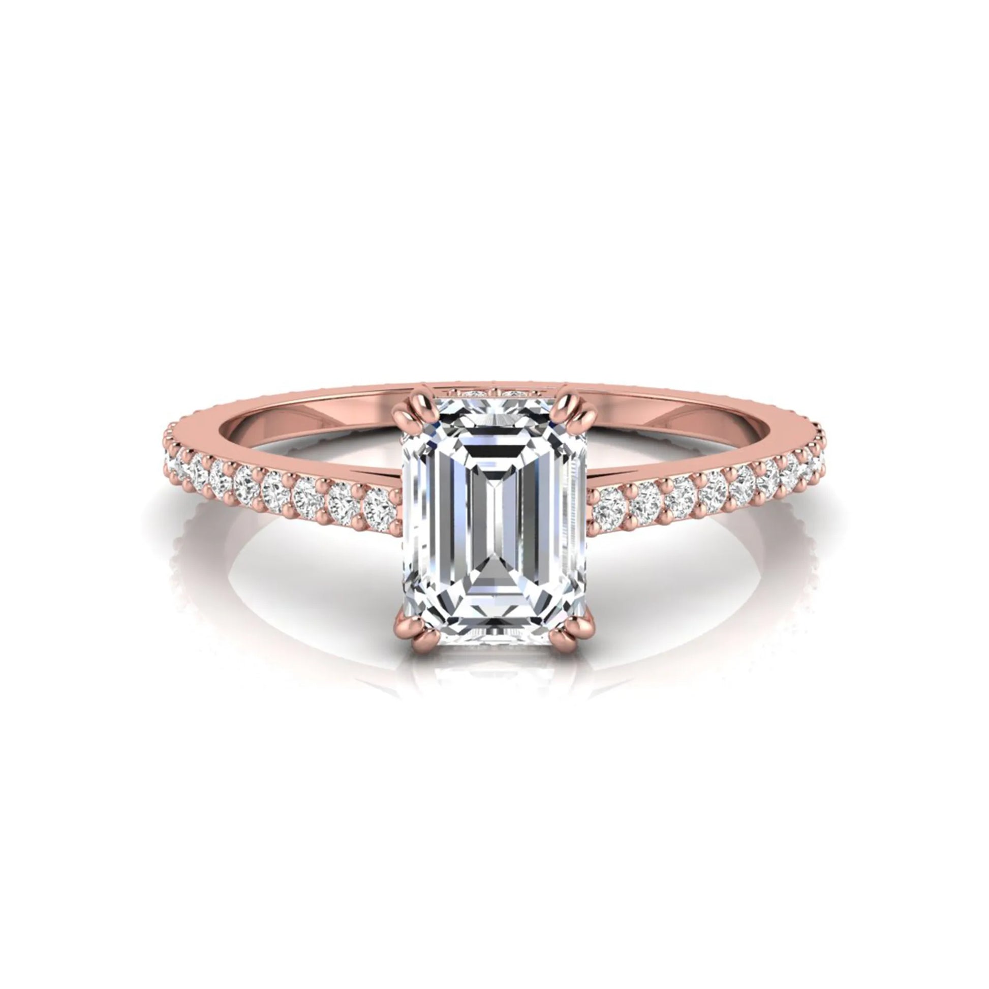 Emerald cut lab grown diamond engagement ring with hidden halo, pavé band, and four-prong setting in rose gold tone design