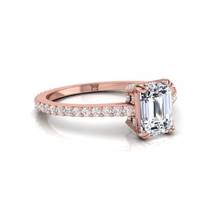 Emerald cut lab grown diamond engagement ring with hidden halo, pavé band, and four-prong setting in rose gold tone design
