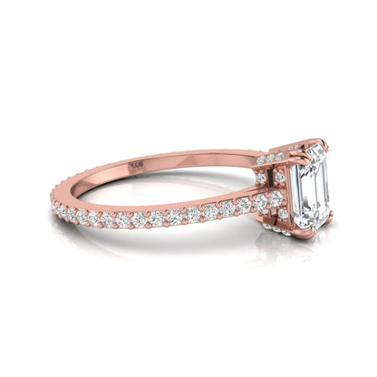 Emerald cut lab grown diamond engagement ring with hidden halo, pavé band, and four-prong setting in rose gold tone design