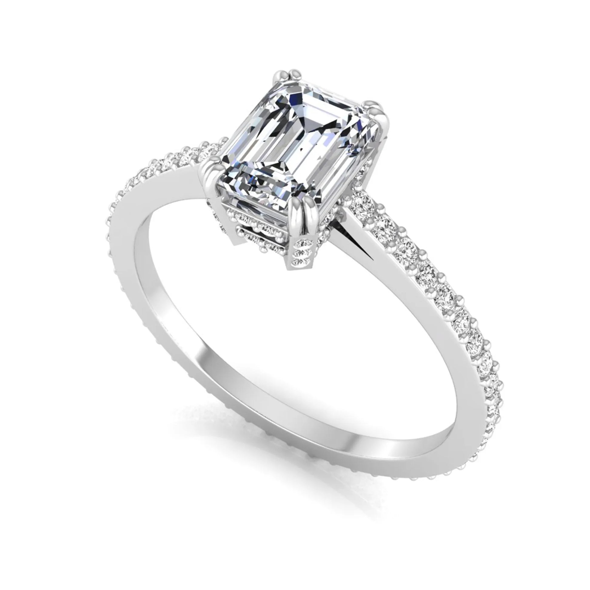Emerald cut lab grown diamond engagement ring with hidden halo, pavé band, and four-prong setting in white gold tone design