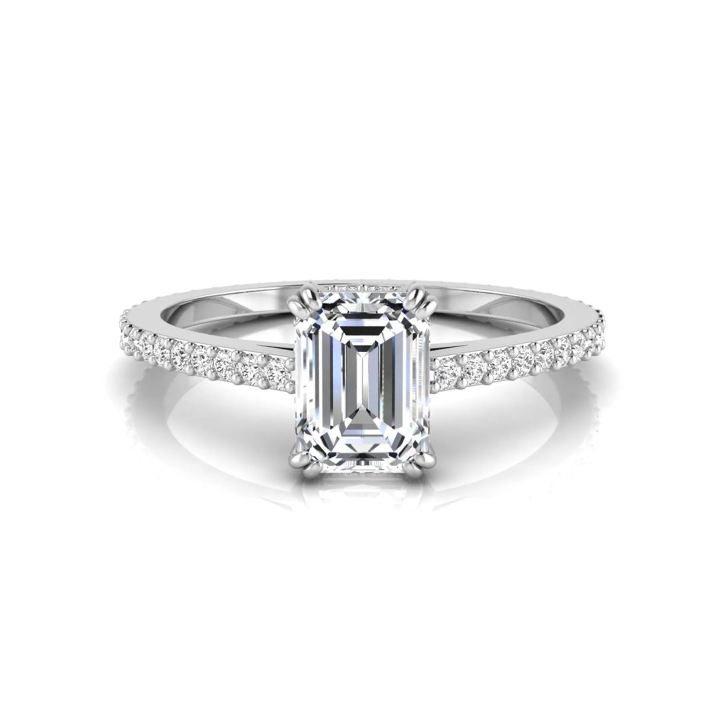 Emerald cut lab grown diamond engagement ring with hidden halo, pavé band, and four-prong setting in white gold tone design