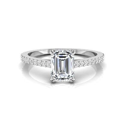 Emerald cut lab grown diamond engagement ring with hidden halo, pavé band, and four-prong setting in white gold tone design