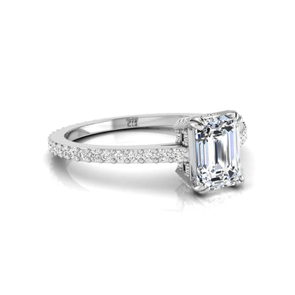 Emerald cut lab grown diamond engagement ring with hidden halo, pavé band, and four-prong setting in white gold tone design