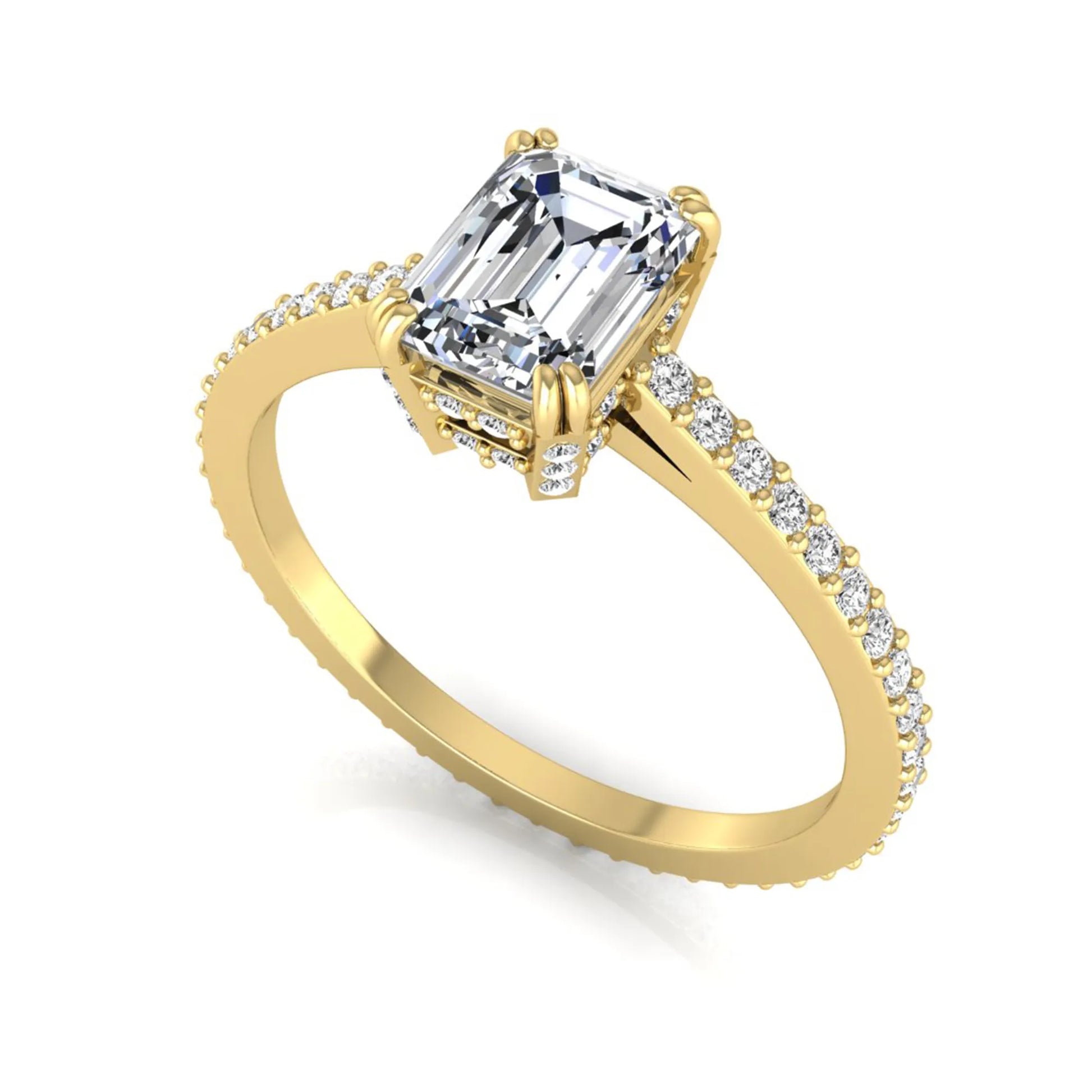 Emerald cut lab grown diamond engagement ring with hidden halo, pavé band, and four-prong setting in yellow gold tone design