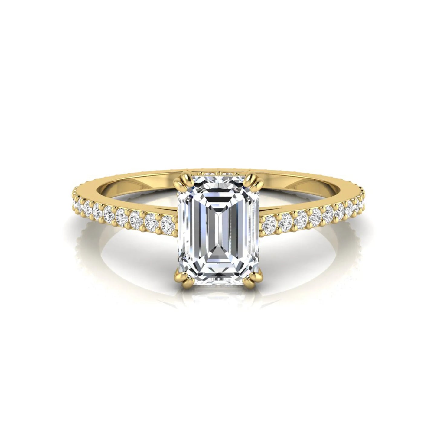 Emerald cut lab grown diamond engagement ring with hidden halo, pavé band, and four-prong setting in yellow gold tone design