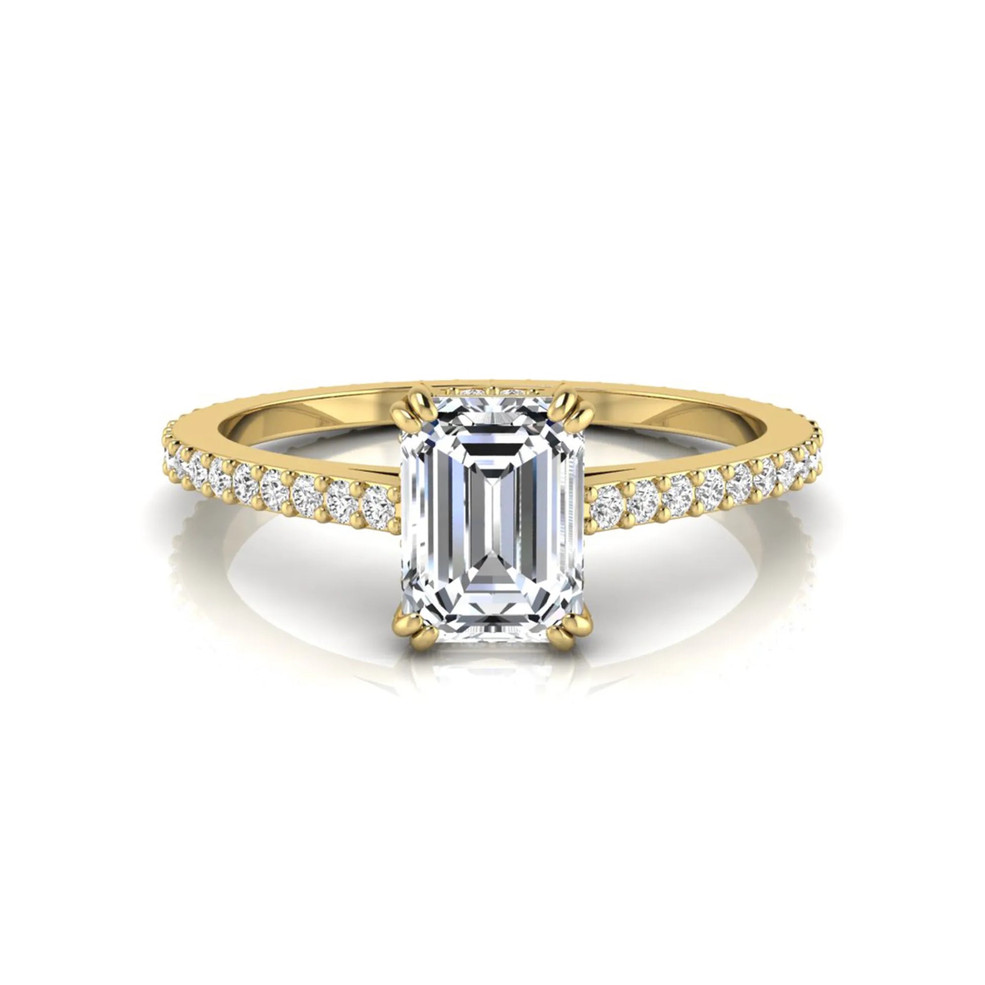 Emerald cut lab grown diamond engagement ring with hidden halo, pavé band, and four-prong setting in yellow gold tone design