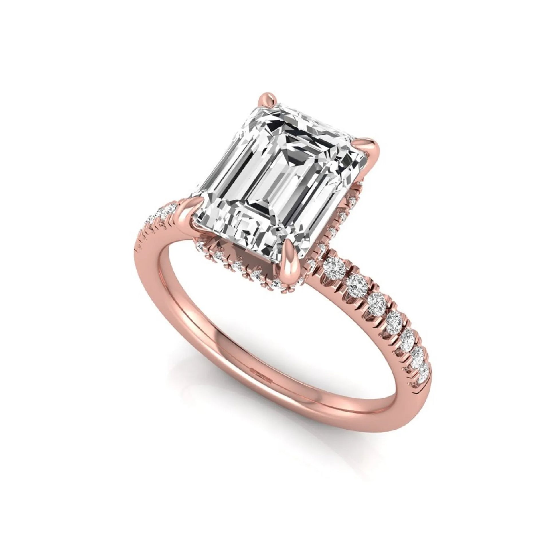 Emerald cut lab grown diamond engagement ring featuring a hidden halo, pavé diamond band, and four-prong setting in rose gold tone.