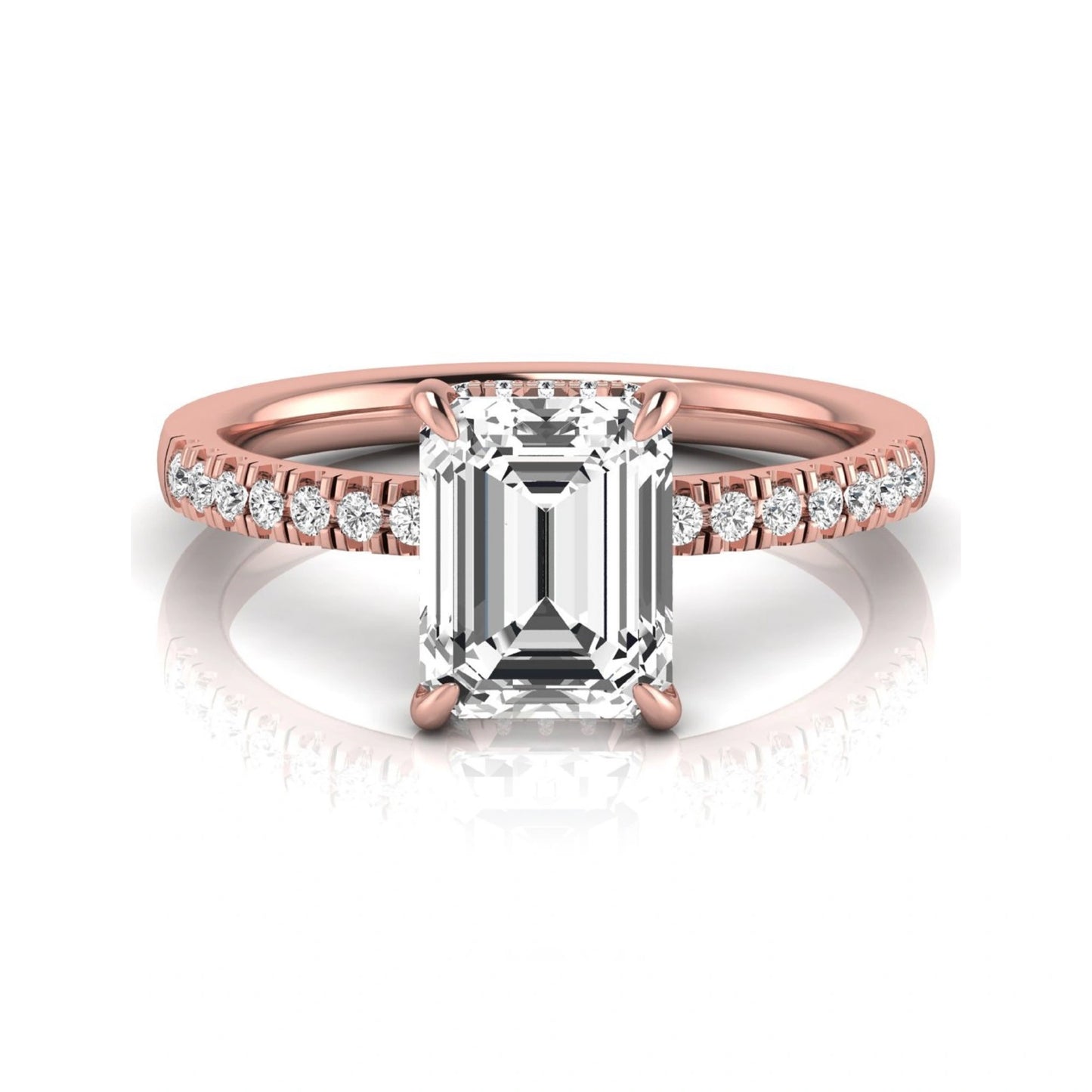Emerald cut lab grown diamond engagement ring featuring a hidden halo, pavé diamond band, and four-prong setting in rose gold tone.