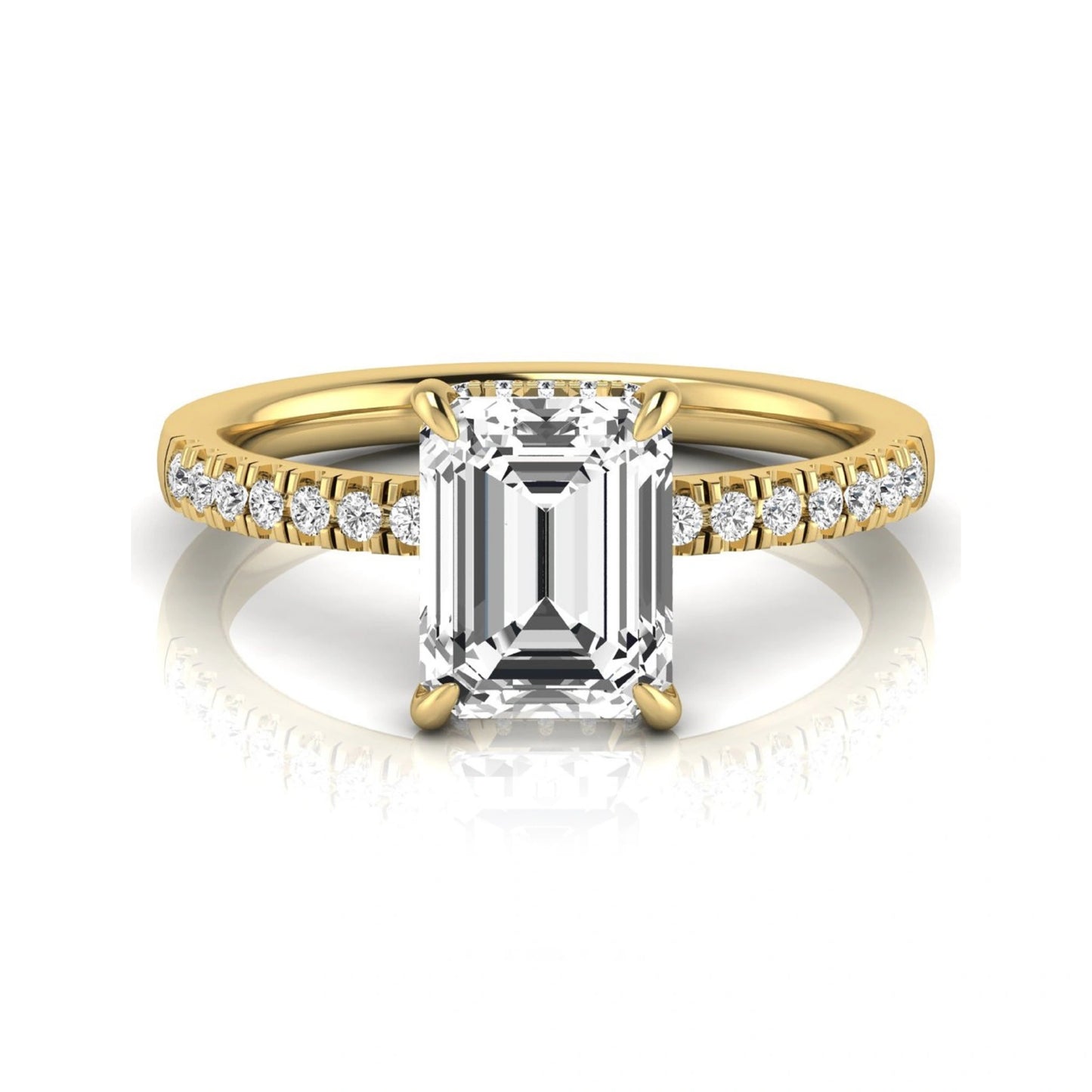 Emerald cut lab grown diamond engagement ring featuring a hidden halo, pavé diamond band, and four-prong setting in yellow gold tone.