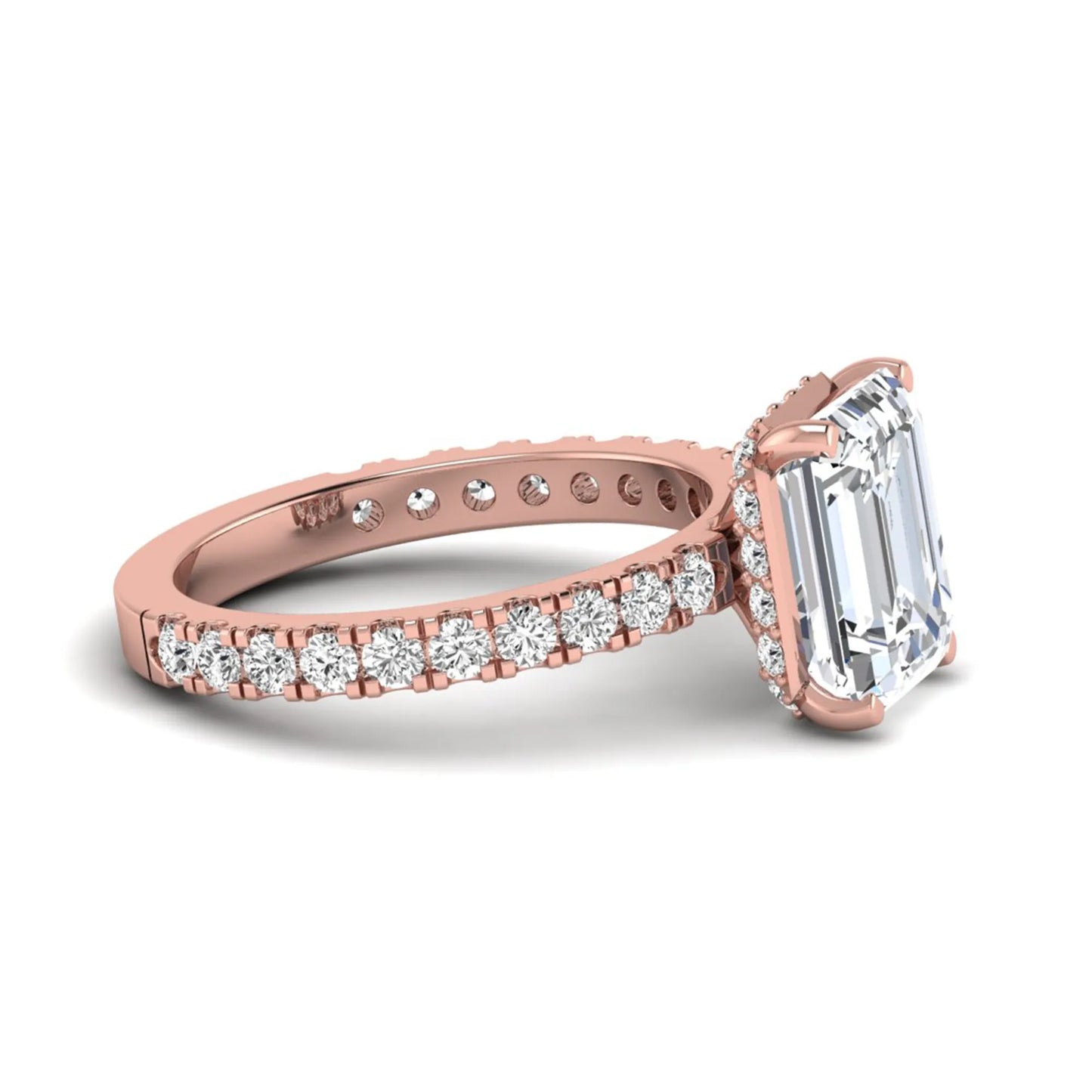 Emerald Hidden Halo Pavé Lab Grown Diamond Engagement Ring featuring a 10.00 × 8.00 mm emerald-cut center diamond with a hidden halo, pavé diamond band, and four-prong setting in rose gold