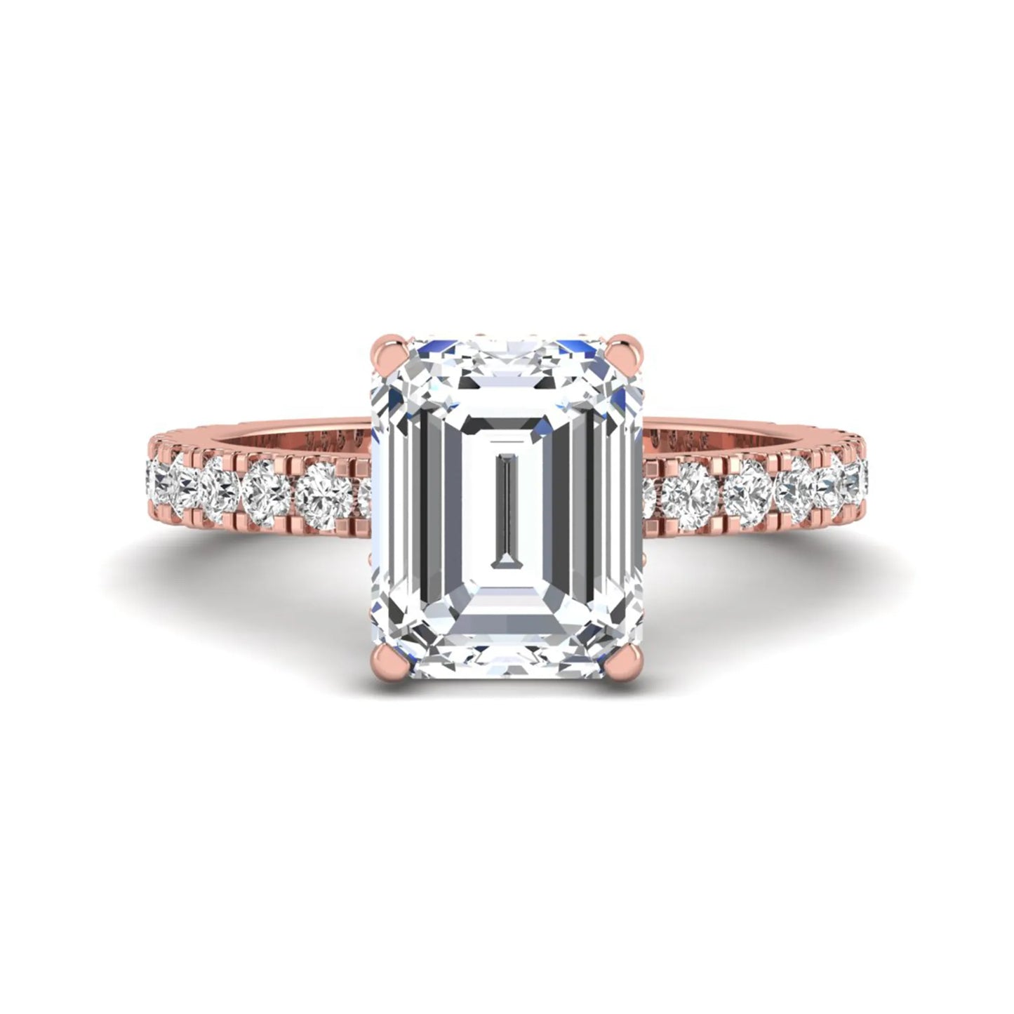 Emerald Hidden Halo Pavé Lab Grown Diamond Engagement Ring featuring a 10.00 × 8.00 mm emerald-cut center diamond with a hidden halo, pavé diamond band, and four-prong setting in rose gold