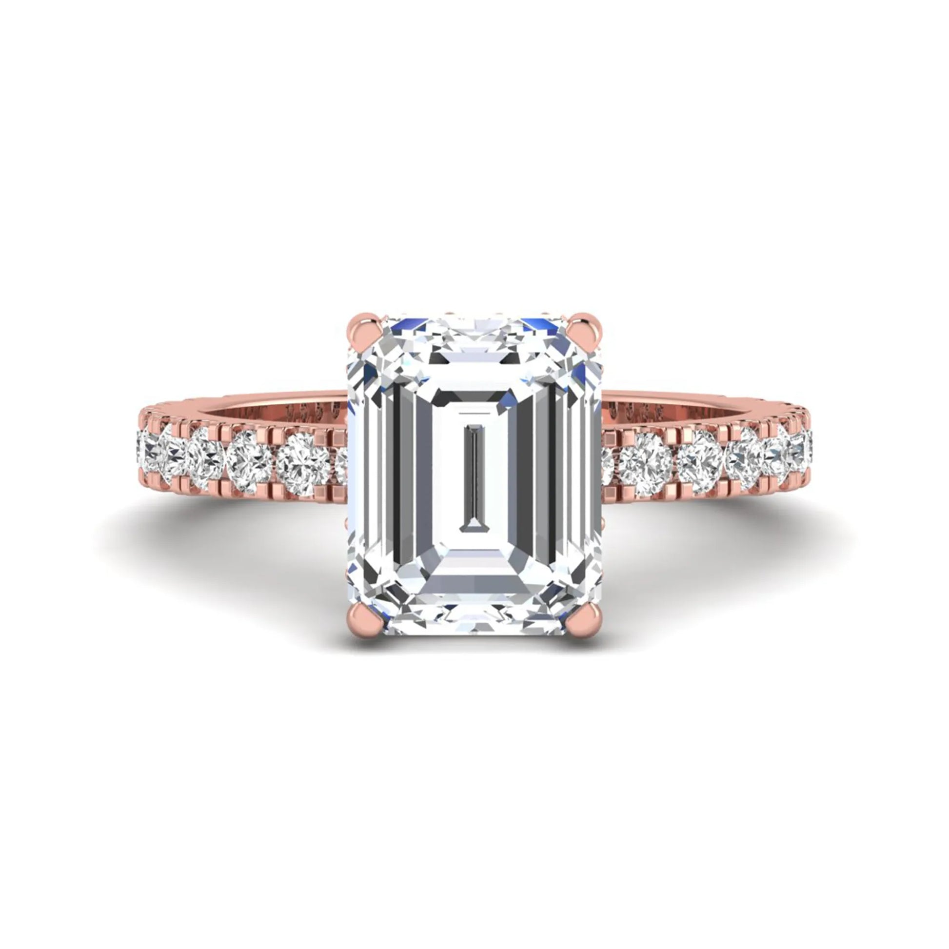 Emerald Hidden Halo Pavé Lab Grown Diamond Engagement Ring featuring a 10.00 × 8.00 mm emerald-cut center diamond with a hidden halo, pavé diamond band, and four-prong setting in rose gold