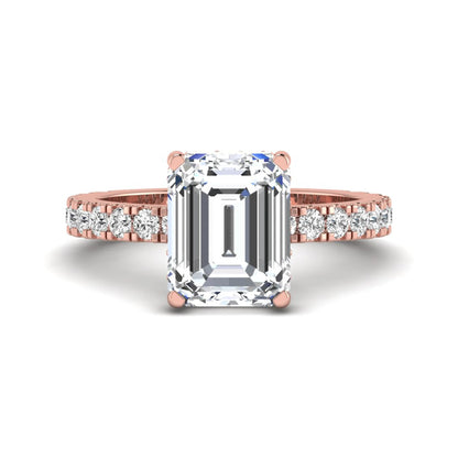 Emerald Hidden Halo Pavé Lab Grown Diamond Engagement Ring featuring a 10.00 × 8.00 mm emerald-cut center diamond with a hidden halo, pavé diamond band, and four-prong setting in rose gold
