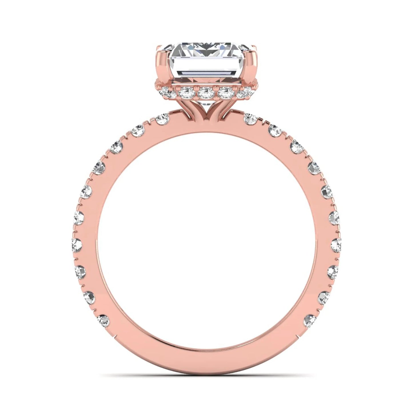 Emerald Hidden Halo Pavé Lab Grown Diamond Engagement Ring featuring a 10.00 × 8.00 mm emerald-cut center diamond with a hidden halo, pavé diamond band, and four-prong setting in rose gold