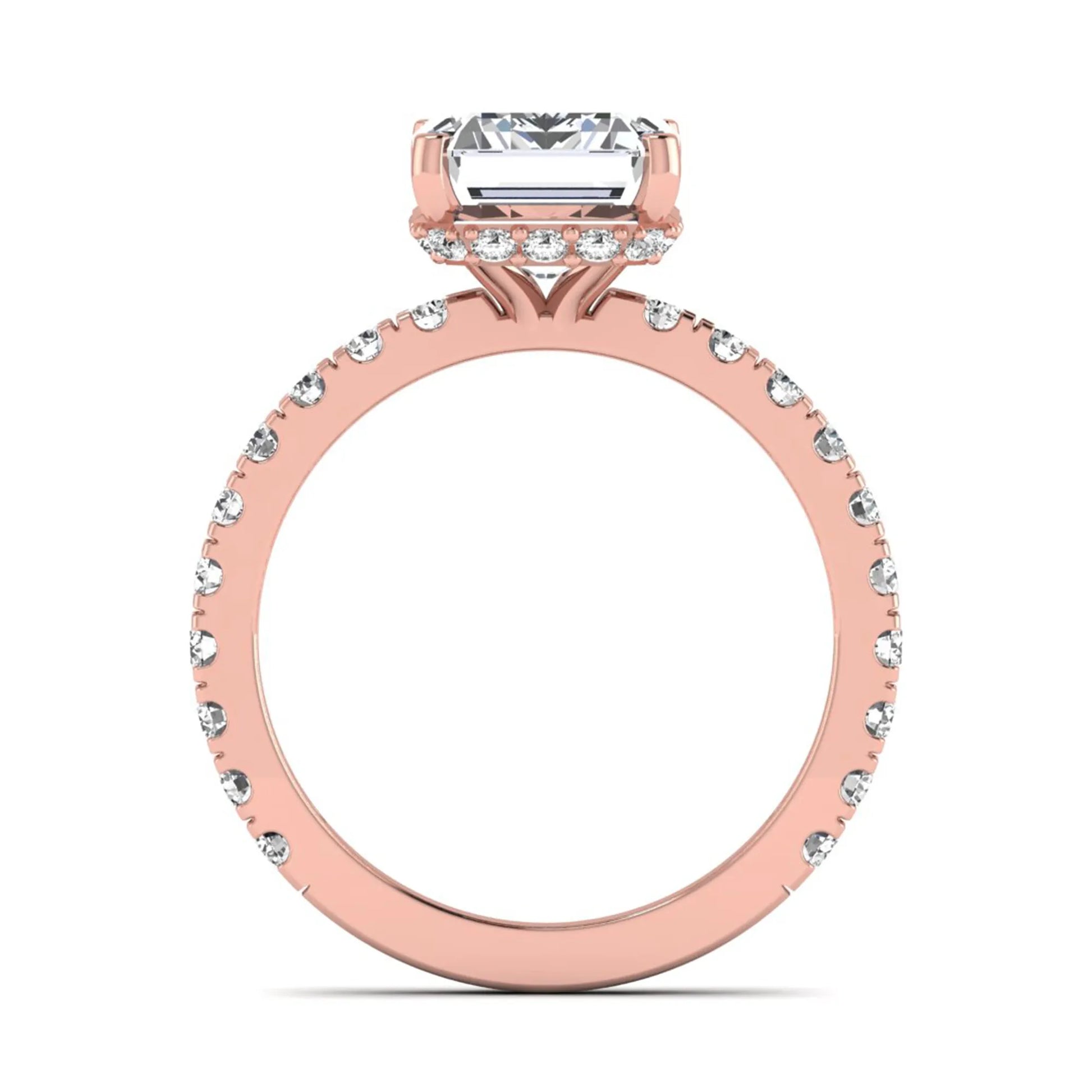 Emerald Hidden Halo Pavé Lab Grown Diamond Engagement Ring featuring a 10.00 × 8.00 mm emerald-cut center diamond with a hidden halo, pavé diamond band, and four-prong setting in rose gold
