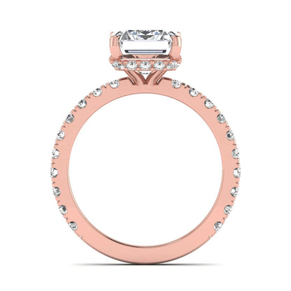 Emerald Hidden Halo Pavé Lab Grown Diamond Engagement Ring featuring a 10.00 × 8.00 mm emerald-cut center diamond with a hidden halo, pavé diamond band, and four-prong setting in rose gold