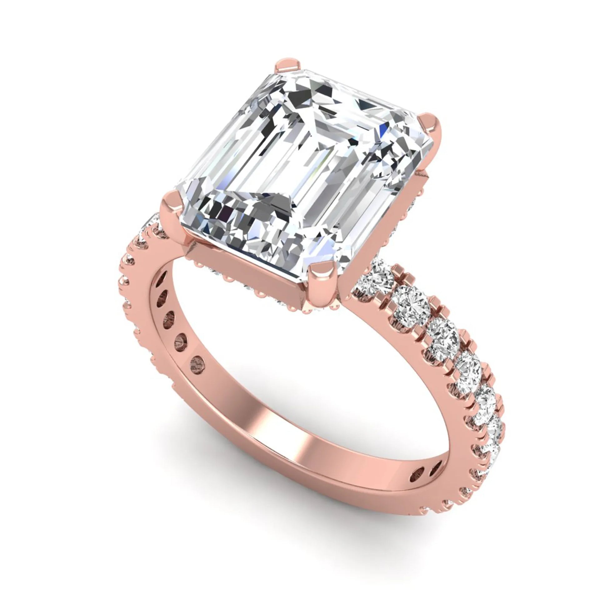 Emerald Hidden Halo Pavé Lab Grown Diamond Engagement Ring featuring a 10.00 × 8.00 mm emerald-cut center diamond with a hidden halo, pavé diamond band, and four-prong setting in rose gold