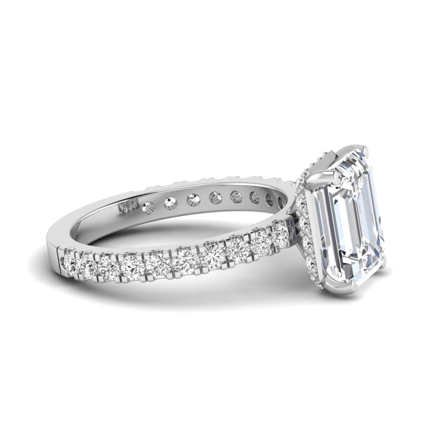 Emerald Hidden Halo Pavé Lab Grown Diamond Engagement Ring featuring a 10.00 × 8.00 mm emerald-cut center diamond with a hidden halo, pavé diamond band, and four-prong setting in white gold