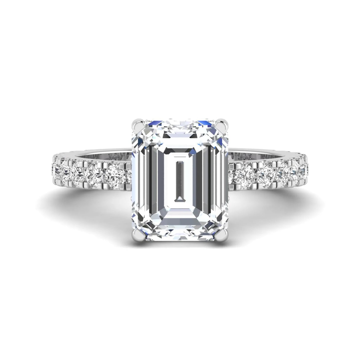Emerald Hidden Halo Pavé Lab Grown Diamond Engagement Ring featuring a 10.00 × 8.00 mm emerald-cut center diamond with a hidden halo, pavé diamond band, and four-prong setting in white gold
