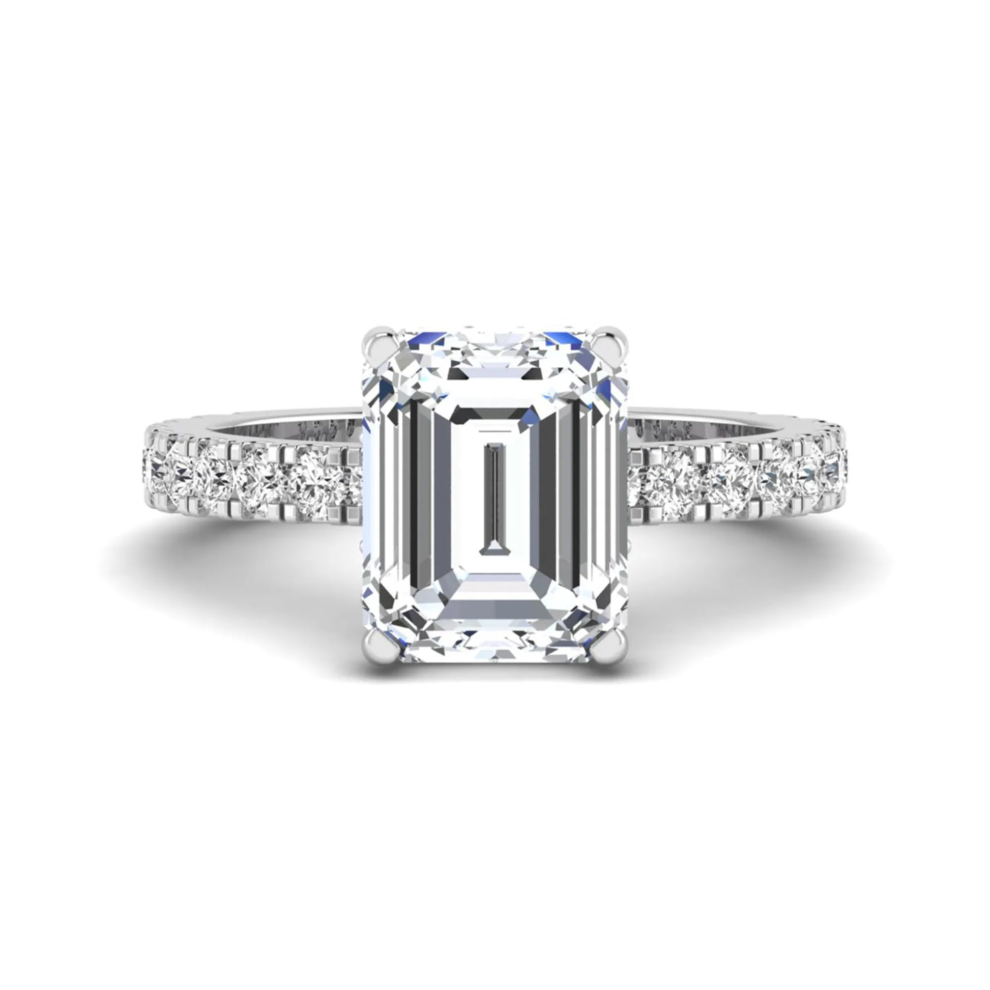 Emerald Hidden Halo Pavé Lab Grown Diamond Engagement Ring featuring a 10.00 × 8.00 mm emerald-cut center diamond with a hidden halo, pavé diamond band, and four-prong setting in white gold