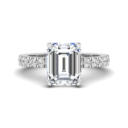 Emerald Hidden Halo Pavé Lab Grown Diamond Engagement Ring featuring a 10.00 × 8.00 mm emerald-cut center diamond with a hidden halo, pavé diamond band, and four-prong setting in white gold