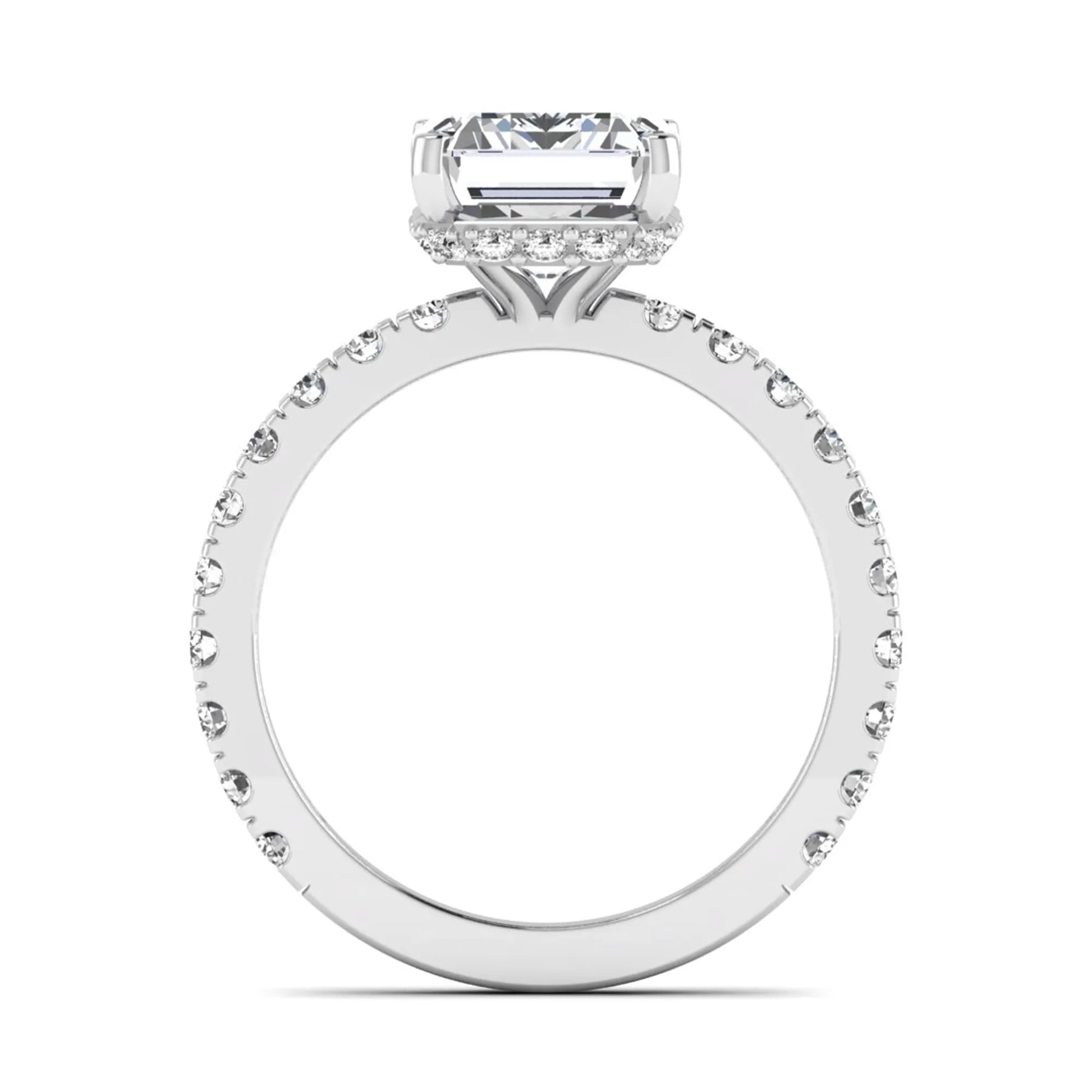 Emerald Hidden Halo Pavé Lab Grown Diamond Engagement Ring featuring a 10.00 × 8.00 mm emerald-cut center diamond with a hidden halo, pavé diamond band, and four-prong setting in white gold
