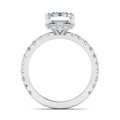 Emerald Hidden Halo Pavé Lab Grown Diamond Engagement Ring featuring a 10.00 × 8.00 mm emerald-cut center diamond with a hidden halo, pavé diamond band, and four-prong setting in white gold