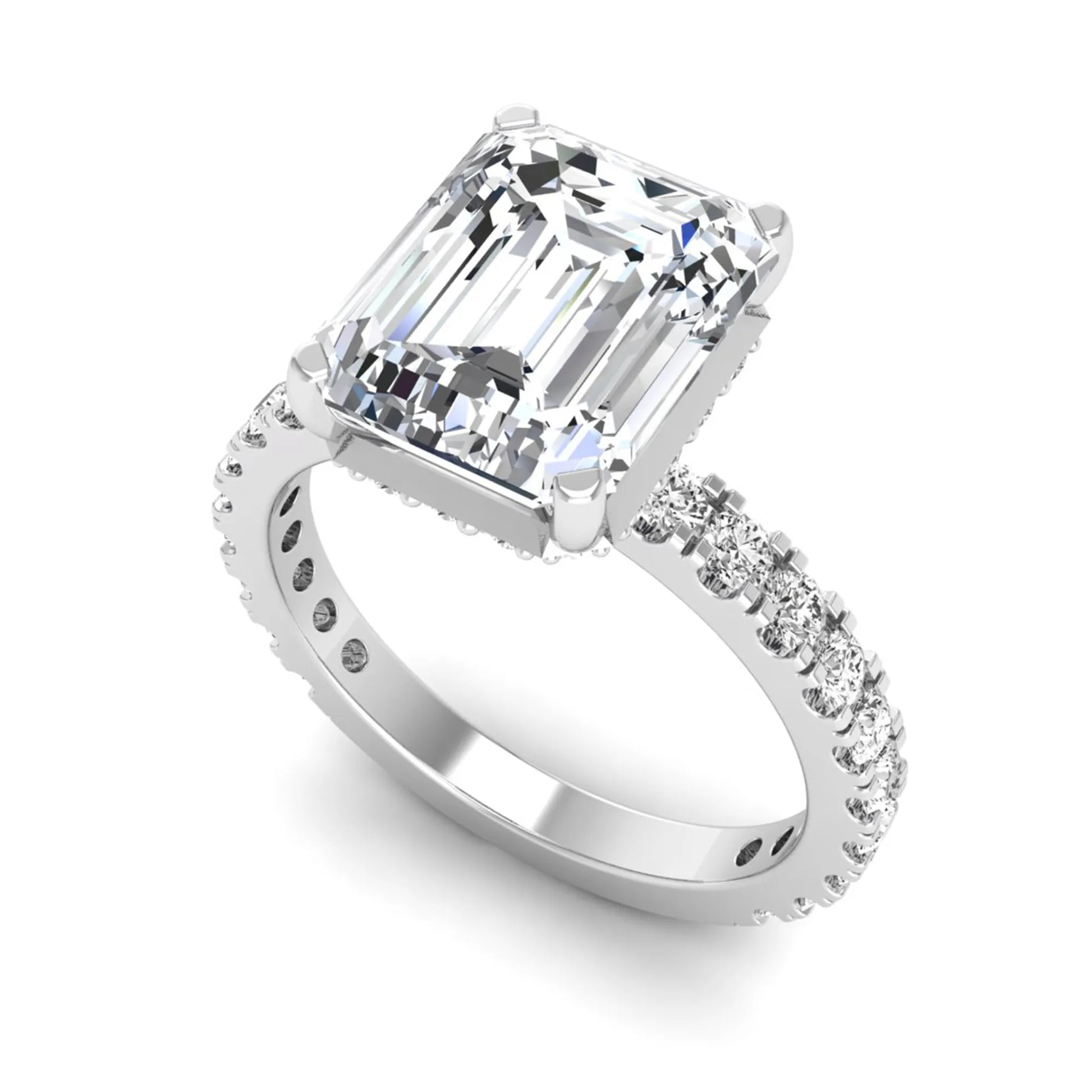Emerald Hidden Halo Pavé Lab Grown Diamond Engagement Ring featuring a 10.00 × 8.00 mm emerald-cut center diamond with a hidden halo, pavé diamond band, and four-prong setting in white gold
