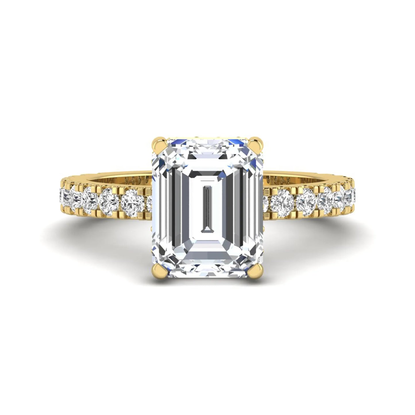Emerald Hidden Halo Pavé Lab Grown Diamond Engagement Ring featuring a 10.00 × 8.00 mm emerald-cut center diamond with a hidden halo, pavé diamond band, and four-prong setting in yellow gold
