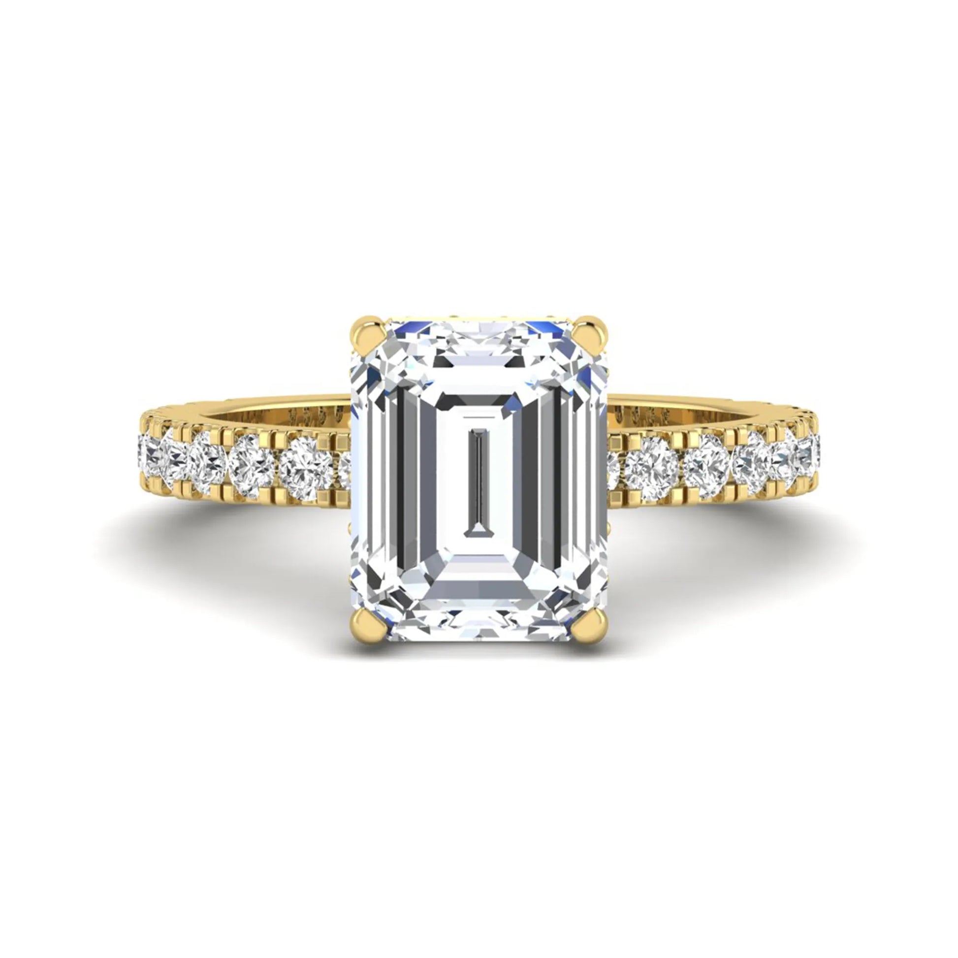 Emerald Hidden Halo Pavé Lab Grown Diamond Engagement Ring featuring a 10.00 × 8.00 mm emerald-cut center diamond with a hidden halo, pavé diamond band, and four-prong setting in yellow gold