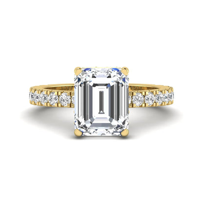Emerald Hidden Halo Pavé Lab Grown Diamond Engagement Ring featuring a 10.00 × 8.00 mm emerald-cut center diamond with a hidden halo, pavé diamond band, and four-prong setting in yellow gold