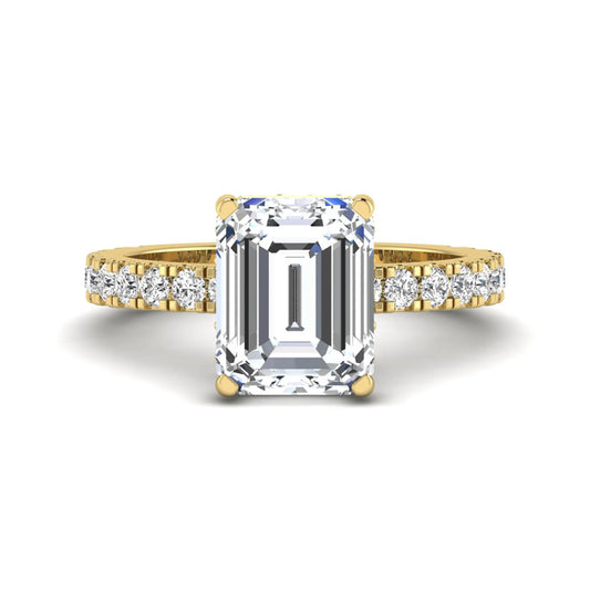 Emerald Hidden Halo Pavé Lab Grown Diamond Engagement Ring featuring a 10.00 × 8.00 mm emerald-cut center diamond with a hidden halo, pavé diamond band, and four-prong setting in yellow gold