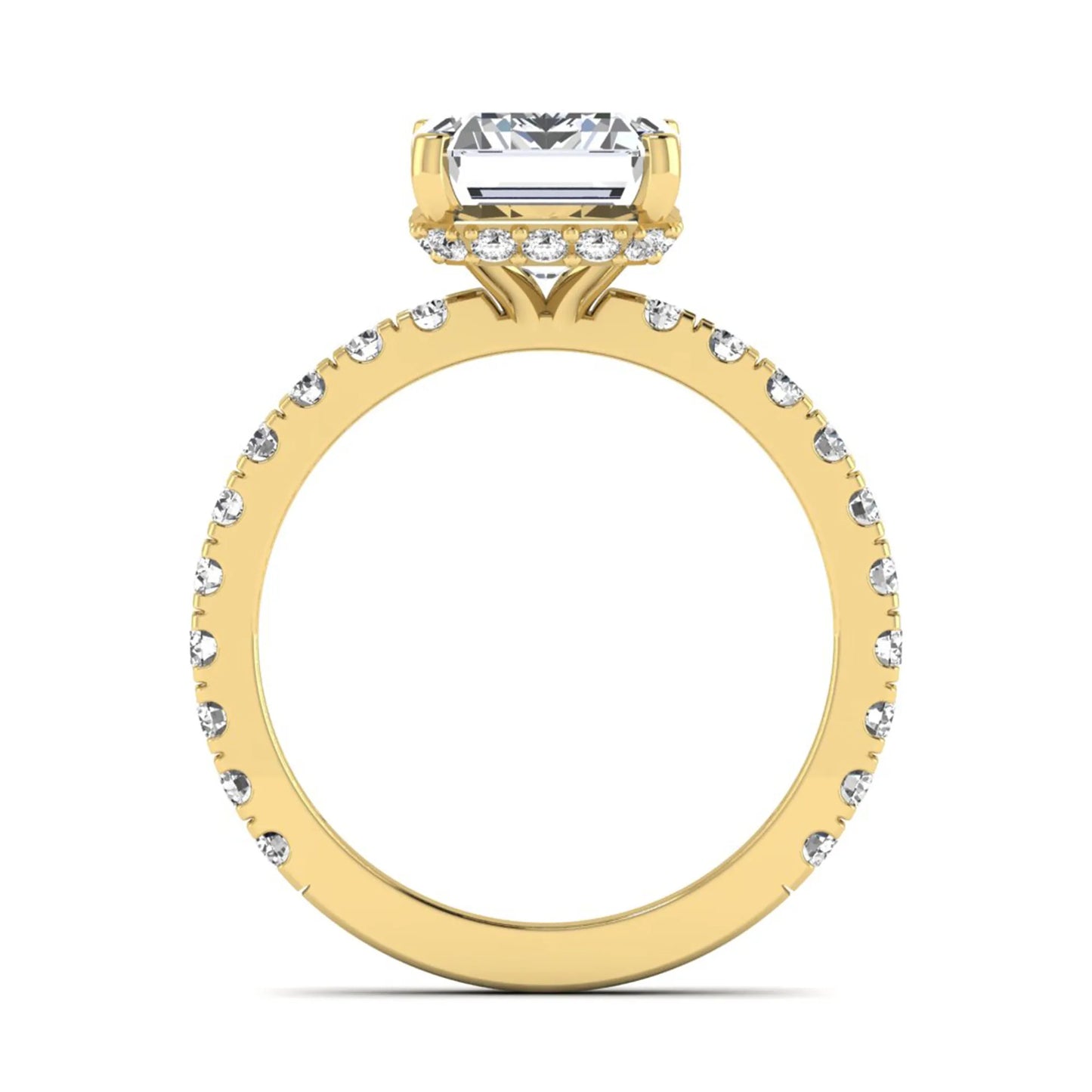 Emerald Hidden Halo Pavé Lab Grown Diamond Engagement Ring featuring a 10.00 × 8.00 mm emerald-cut center diamond with a hidden halo, pavé diamond band, and four-prong setting in yellow gold
