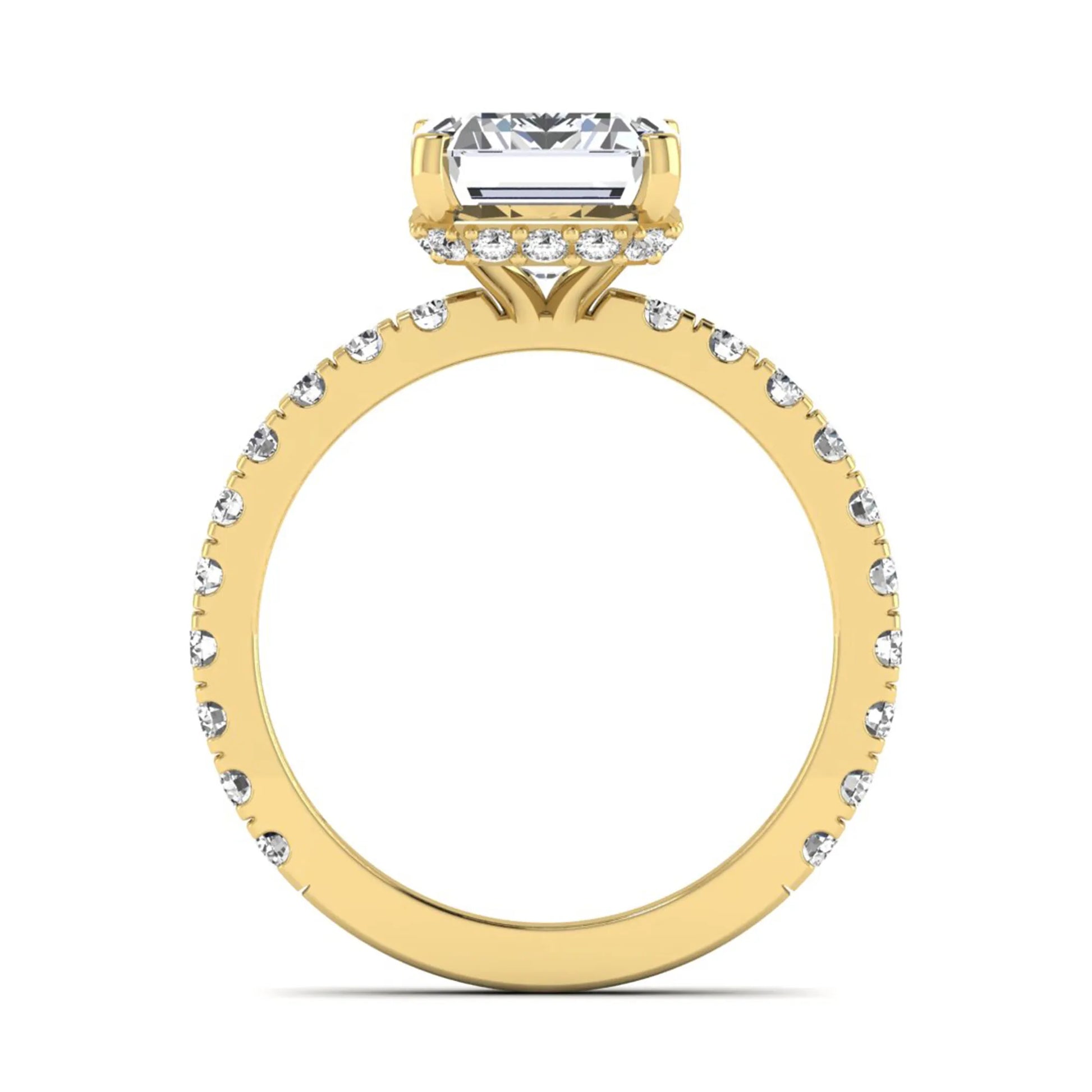 Emerald Hidden Halo Pavé Lab Grown Diamond Engagement Ring featuring a 10.00 × 8.00 mm emerald-cut center diamond with a hidden halo, pavé diamond band, and four-prong setting in yellow gold
