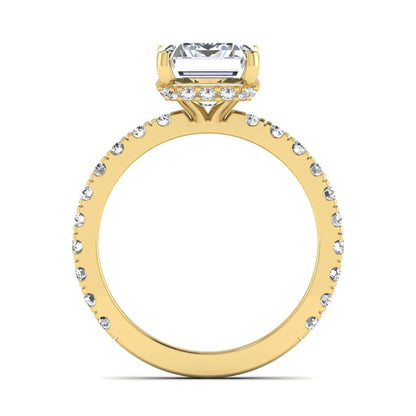Emerald Hidden Halo Pavé Lab Grown Diamond Engagement Ring featuring a 10.00 × 8.00 mm emerald-cut center diamond with a hidden halo, pavé diamond band, and four-prong setting in yellow gold