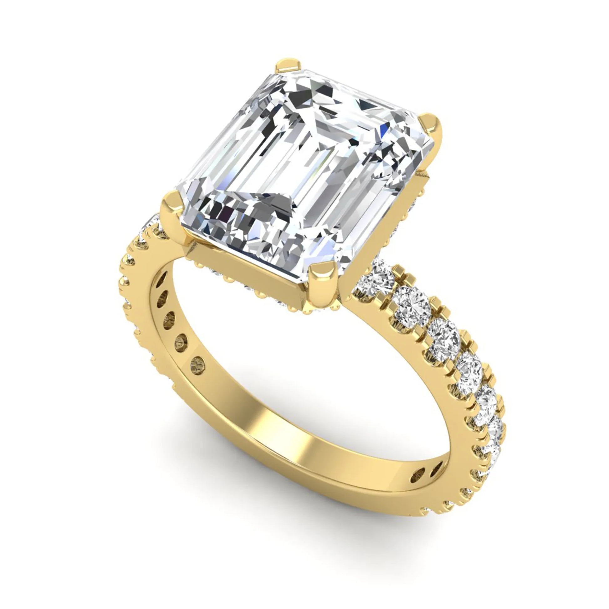 Emerald Hidden Halo Pavé Lab Grown Diamond Engagement Ring featuring a 10.00 × 8.00 mm emerald-cut center diamond with a hidden halo, pavé diamond band, and four-prong setting in yellow gold