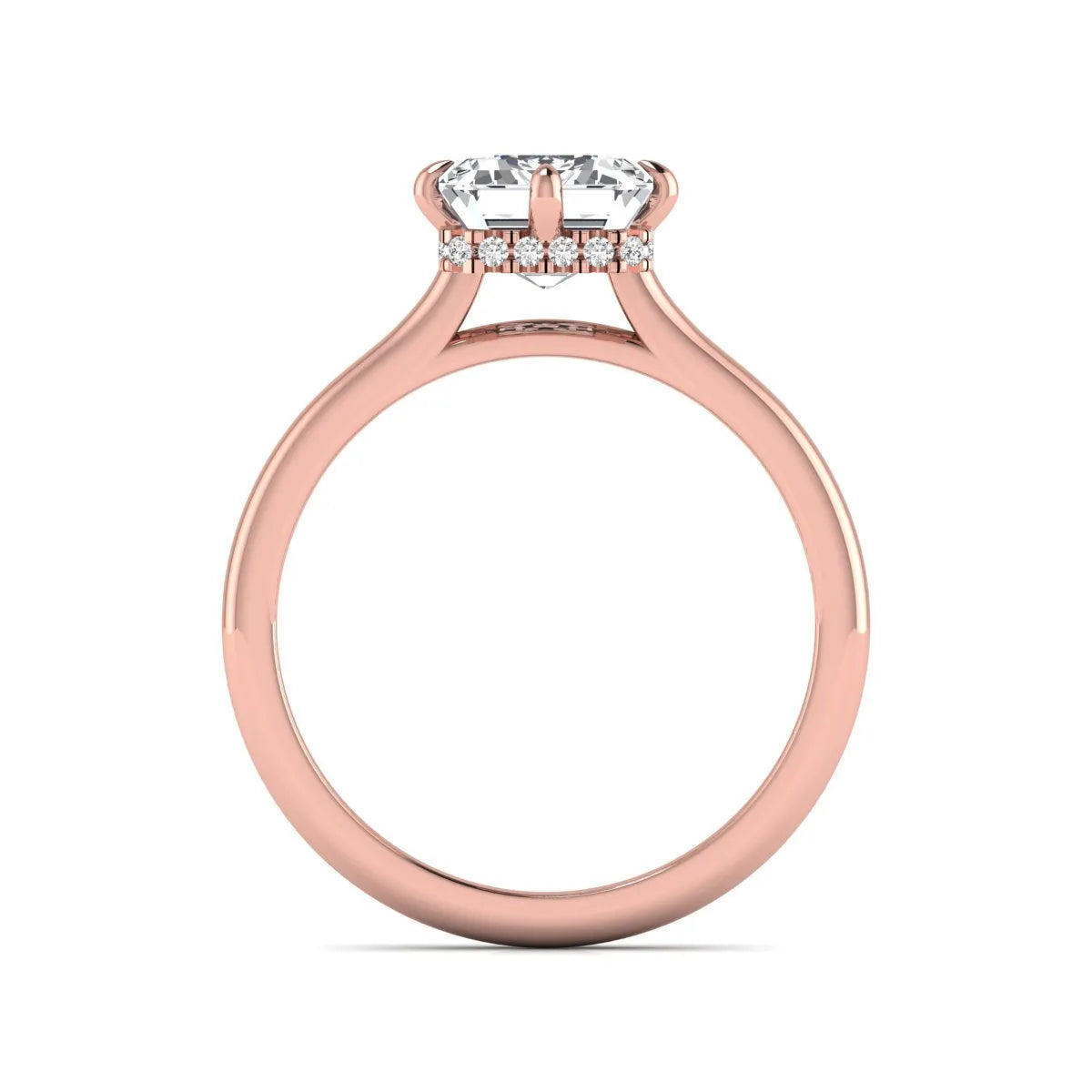Emerald cut lab grown diamond hidden halo solitaire engagement ring featuring a four-prong setting on a polished rose gold band.