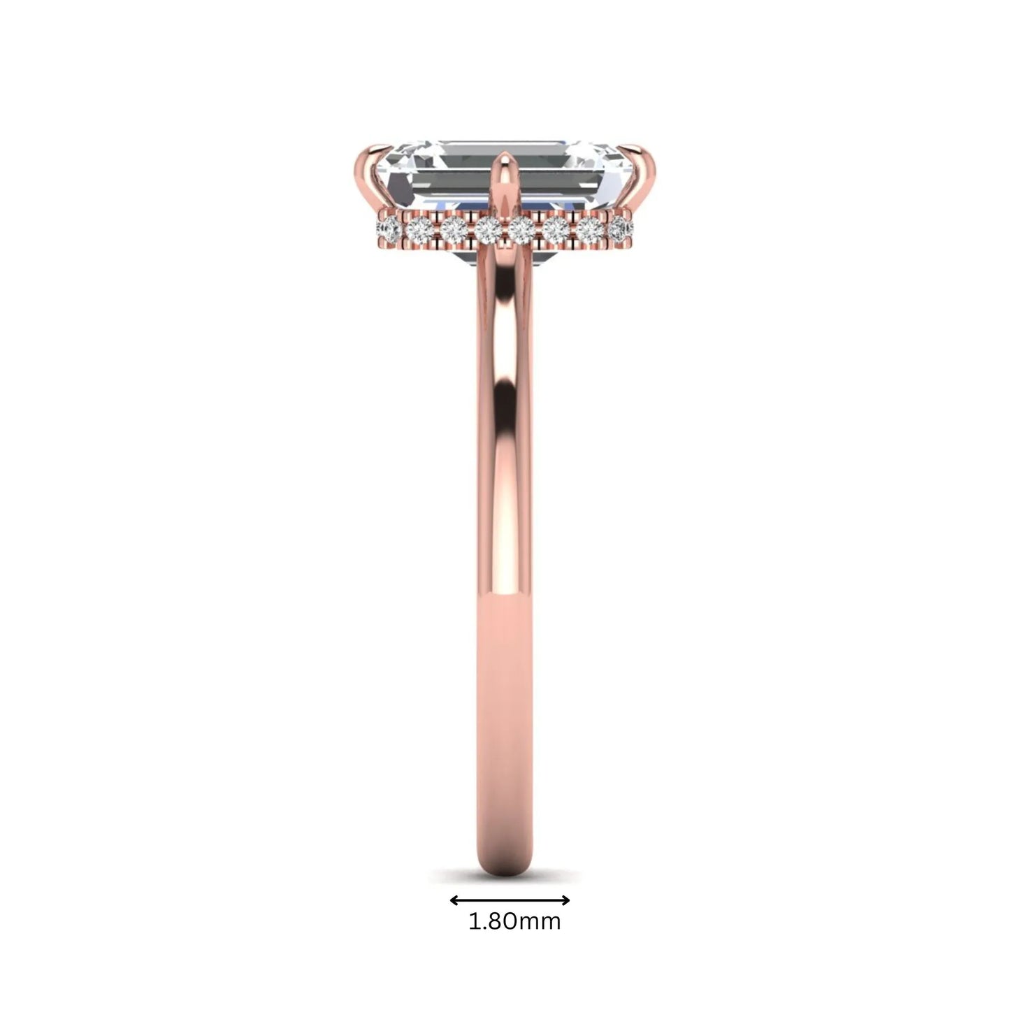 Emerald cut lab grown diamond hidden halo solitaire engagement ring featuring a four-prong setting on a polished rose gold band.