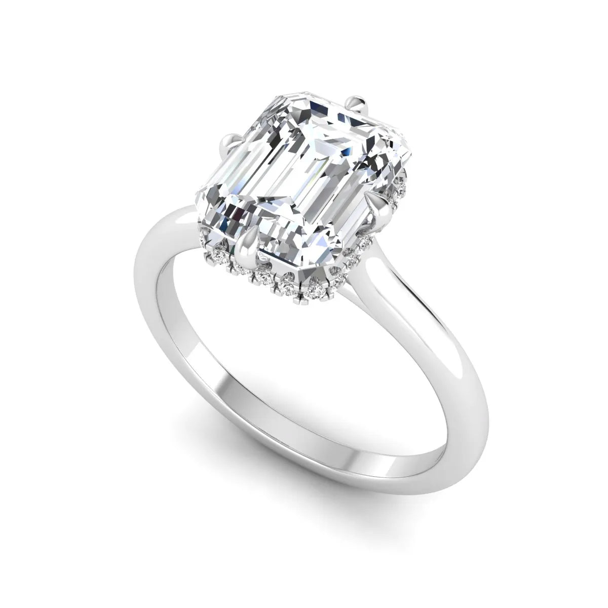 Emerald cut lab grown diamond hidden halo solitaire engagement ring featuring a four-prong setting on a polished white gold band.