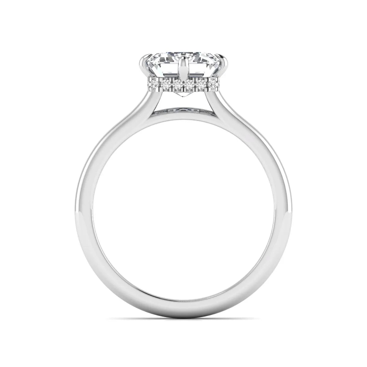 Emerald cut lab grown diamond hidden halo solitaire engagement ring featuring a four-prong setting on a polished white gold band.