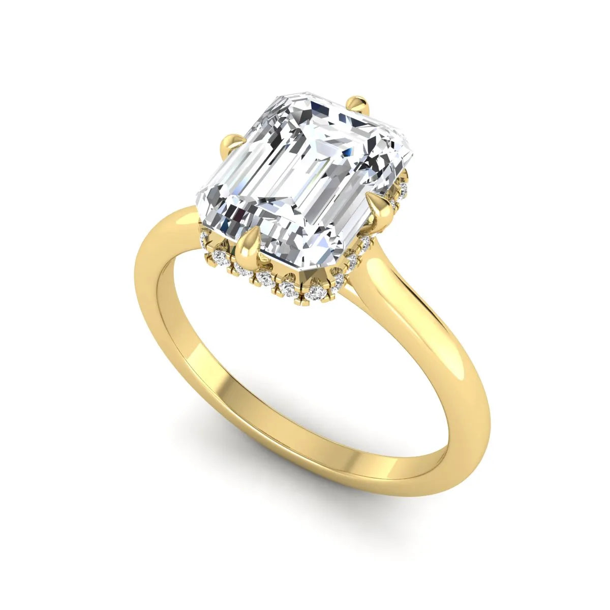 Emerald cut lab grown diamond hidden halo solitaire engagement ring featuring a four-prong setting on a polished yellow gold band.