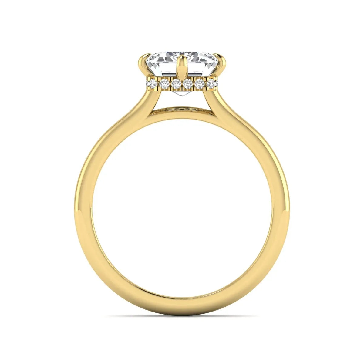 Emerald cut lab grown diamond hidden halo solitaire engagement ring featuring a four-prong setting on a polished yellow gold band.