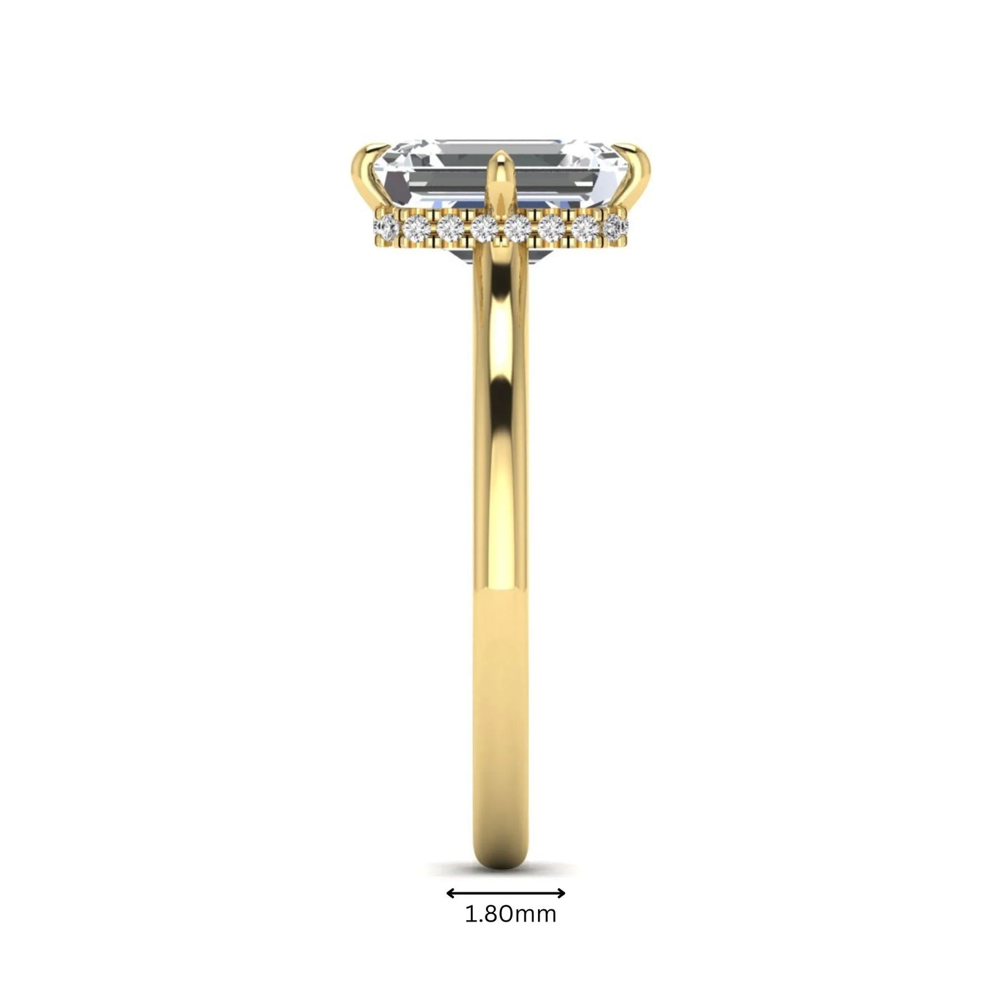 Emerald cut lab grown diamond hidden halo solitaire engagement ring featuring a four-prong setting on a polished yellow gold band.