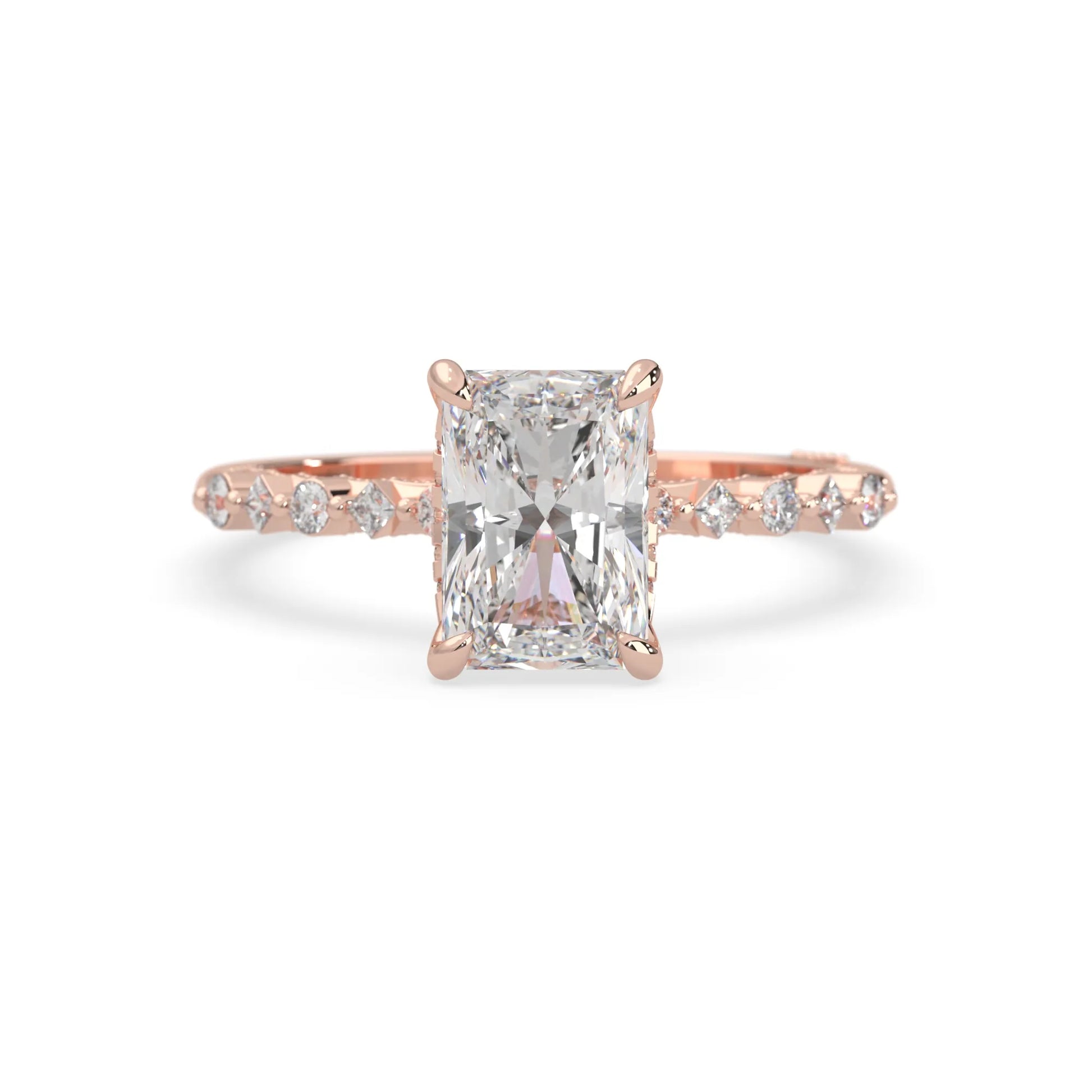 Emerald cut lab grown diamond engagement ring with pavé princess and round diamond accents in rose gold