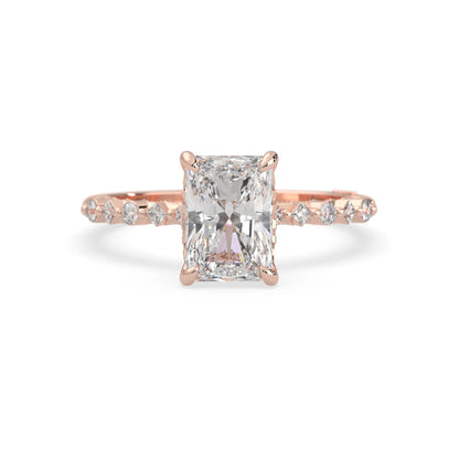 Emerald cut lab grown diamond engagement ring with pavé princess and round diamond accents in rose gold
