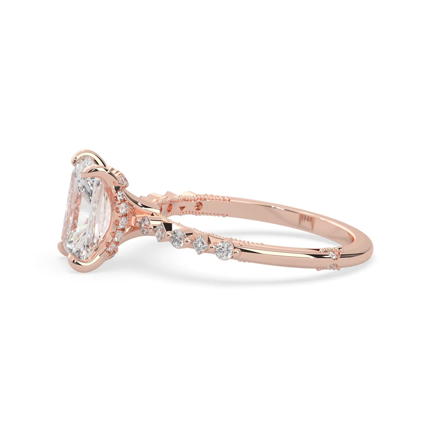 Emerald cut lab grown diamond engagement ring with pavé princess and round diamond accents in rose gold