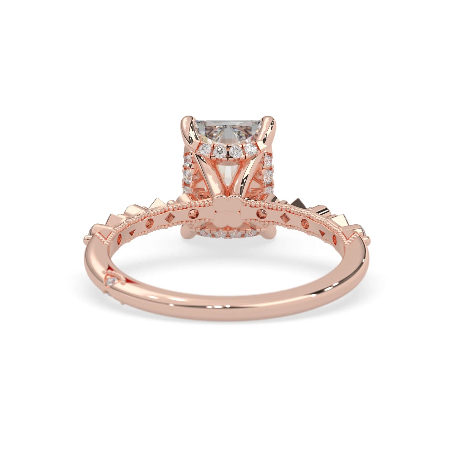 Emerald cut lab grown diamond engagement ring with pavé princess and round diamond accents in rose gold