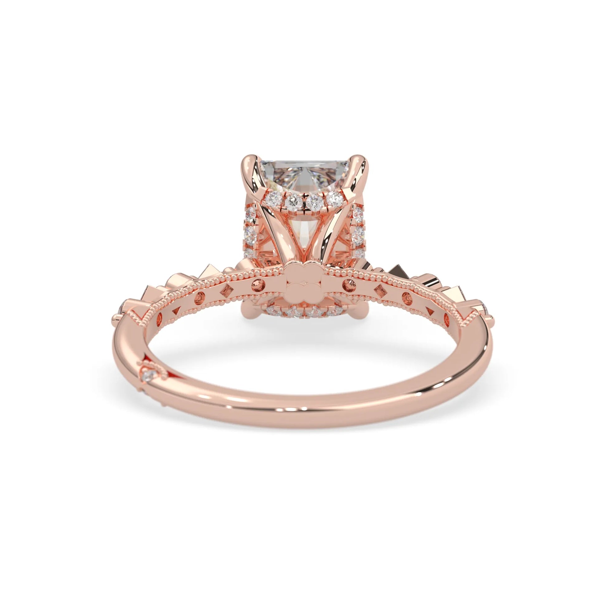 Emerald cut lab grown diamond engagement ring with pavé princess and round diamond accents in rose gold
