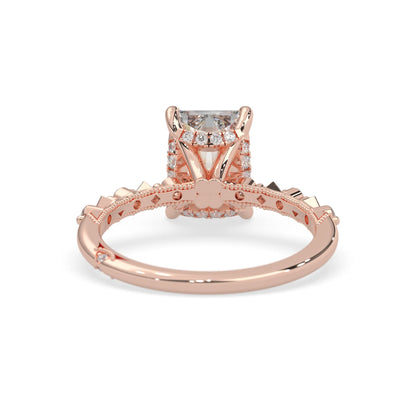 Emerald cut lab grown diamond engagement ring with pavé princess and round diamond accents in rose gold